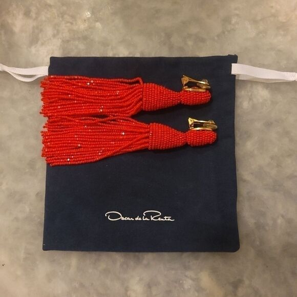 New Oscar De La Renta Red Long Beaded Tassel Earrings Clip On Chandelier Drop - Picture 2 of 9